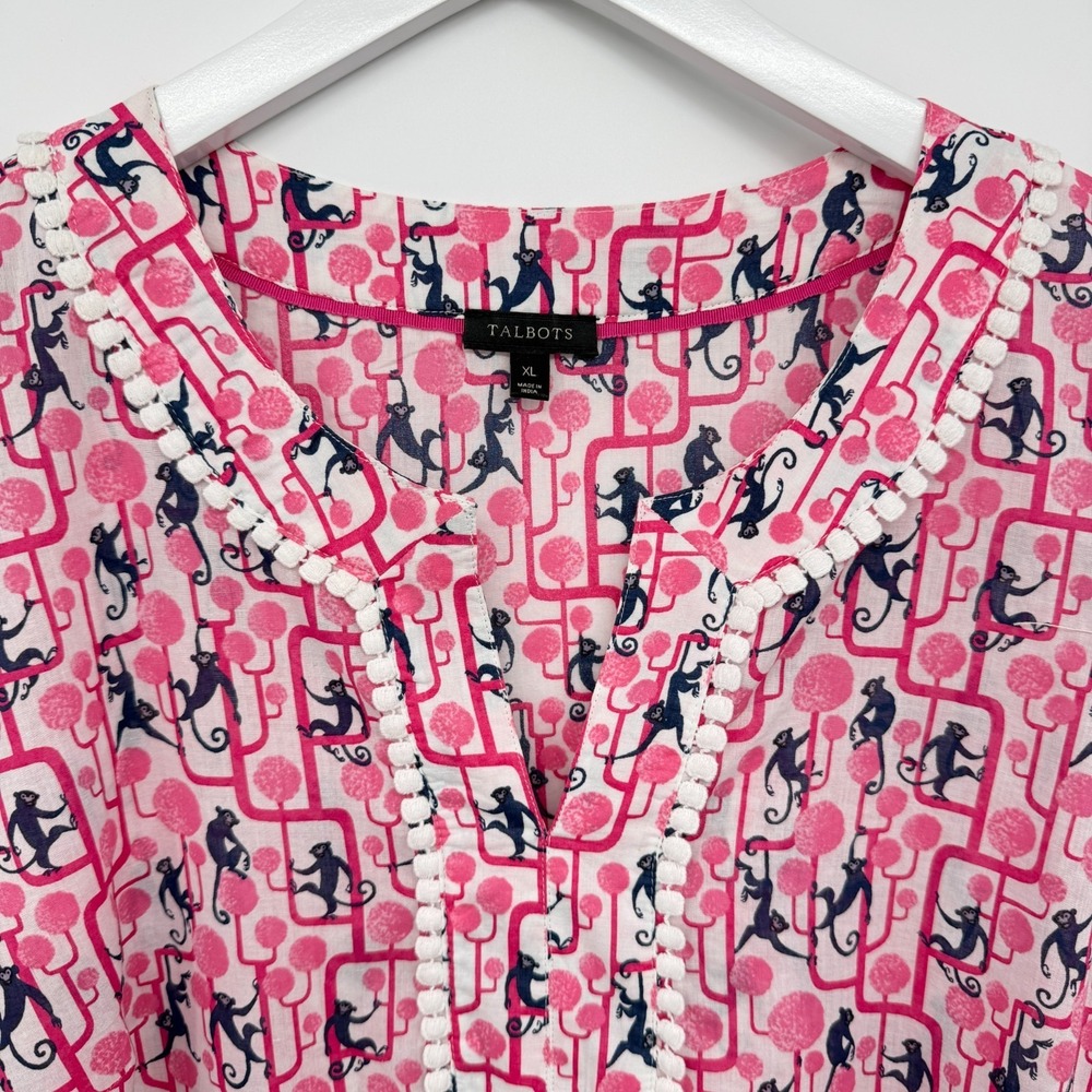 Talbots Top Shirt Blouse Size XL Monkeys 3/4 Sleeve Cotton Popover Resort New - Picture 5 of 13